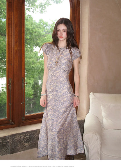 Fog Blue Floral Maxi Dress