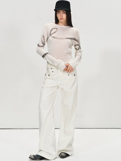 Mohair Wool Sweater with Irregular Chain Print