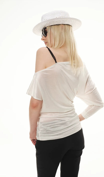 Silky Satin Texture Asymmetric Off-Shoulder Lace Trim T-Shirt