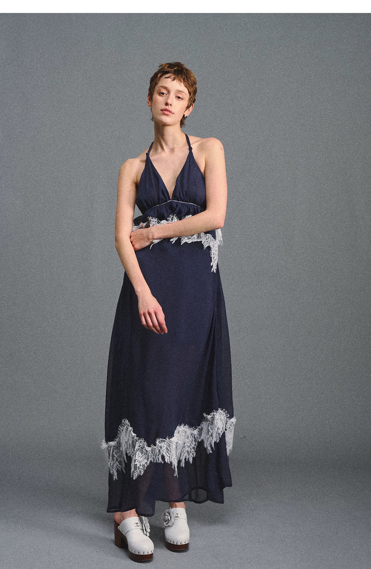 Deep V Halter Maxi Dress in Serene Blue