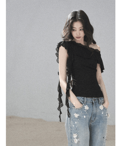 Lace One-Shoulder Crop Tee