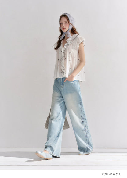 Embroidered Washed Wide-Leg Jeans