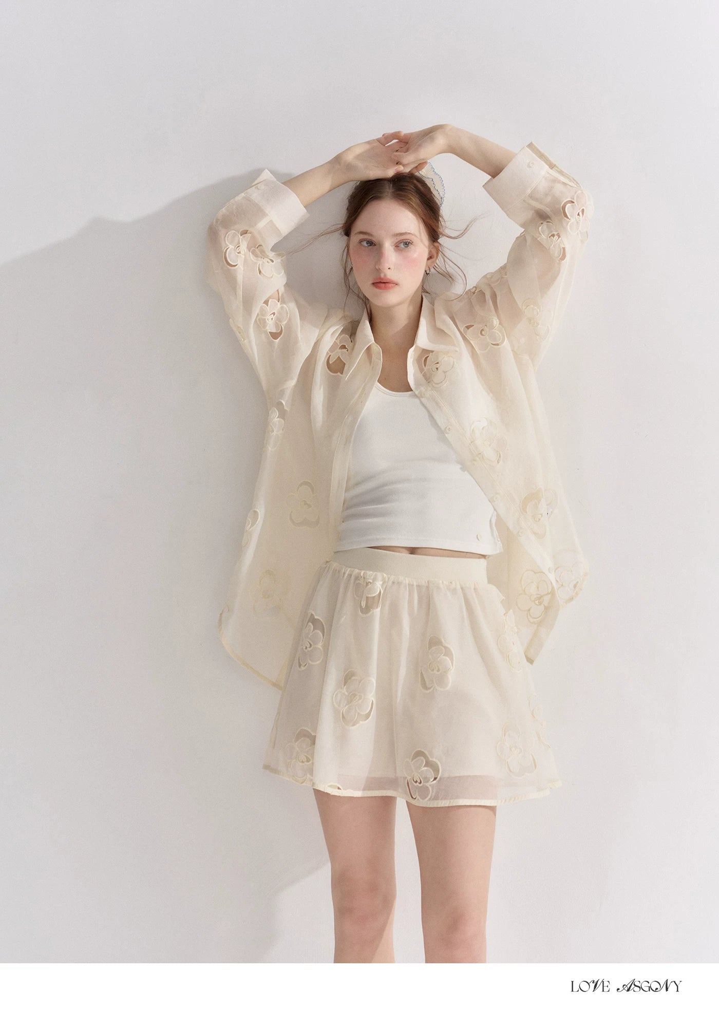Hollow Floral Embroidered Polo Collar Two-Piece Set
