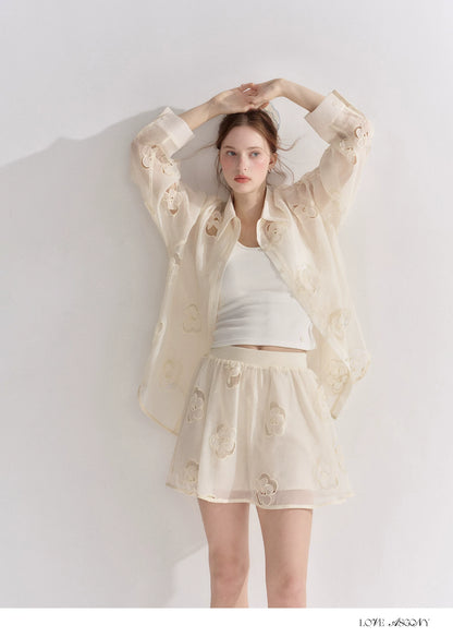 Hollow Floral Embroidered Polo Collar Two-Piece Set