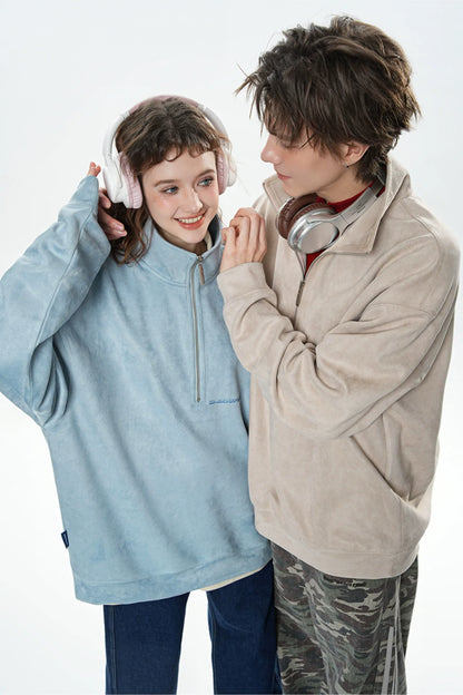 Faux Suede Oversize Polo Sweatshirt