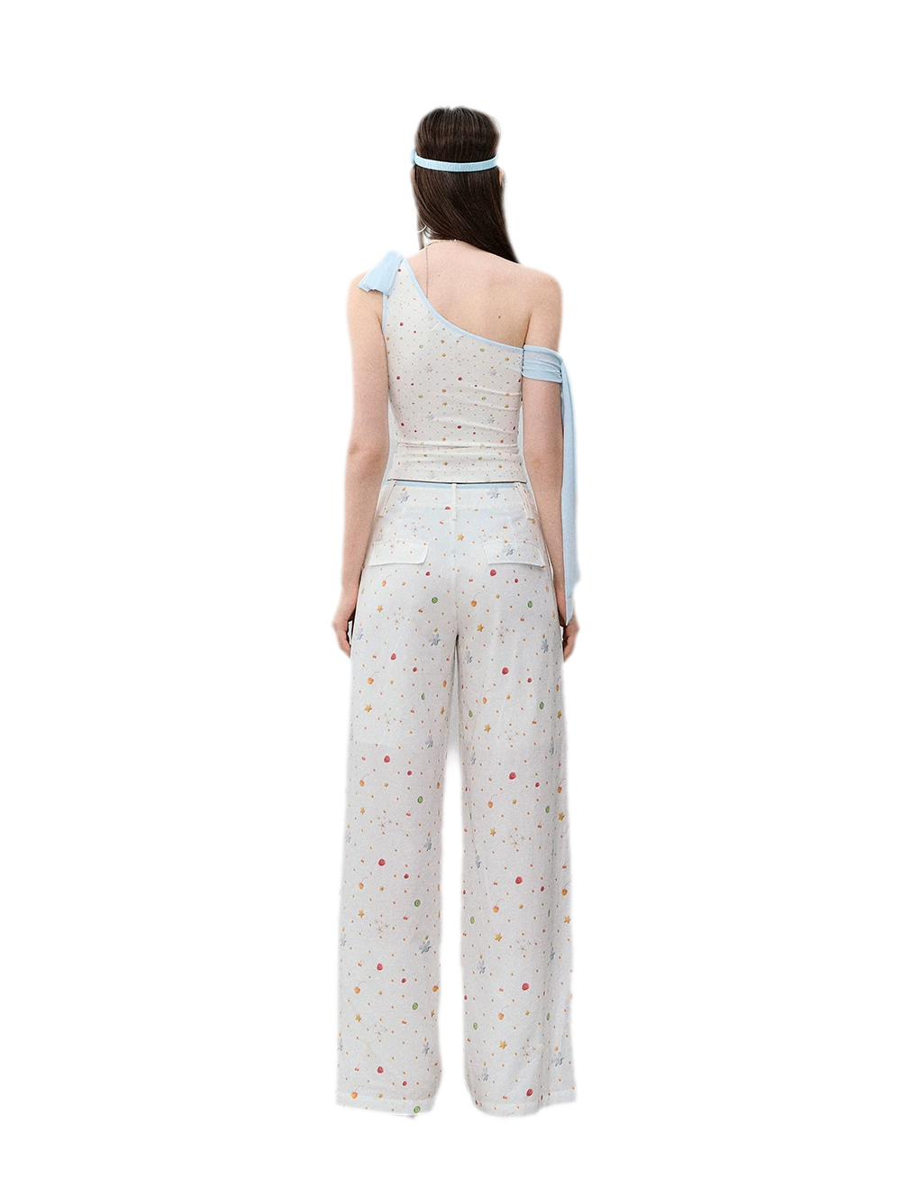 Printed Mesh One-Shoulder Tie Tank