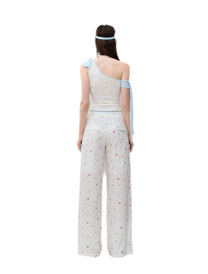 Printed Mesh One-Shoulder Tie Tank