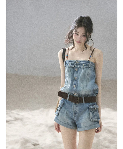 Washed Denim Jumpsuit Shorts