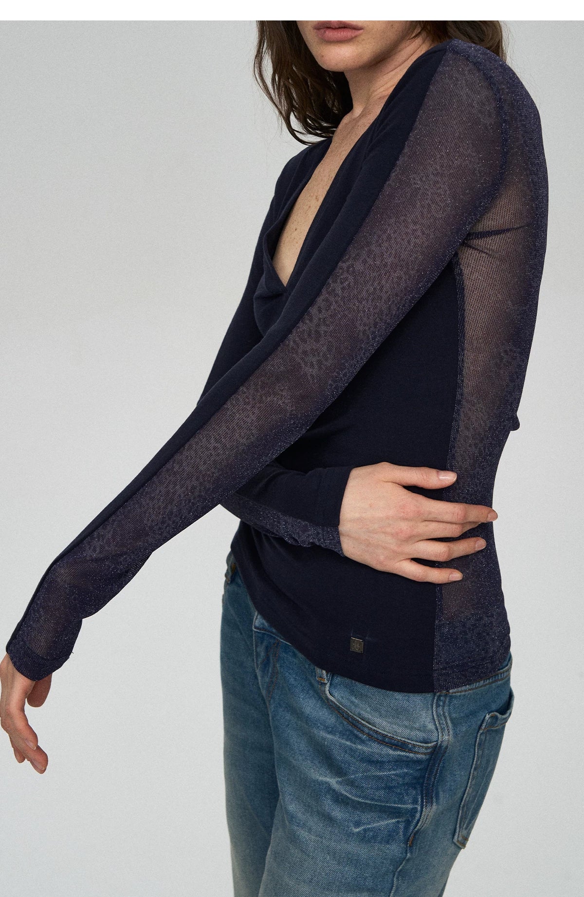 Wool Lyocell V-Neck Long Sleeve Top with Lace
