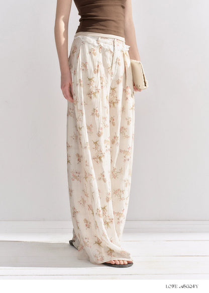 Lightweight Printed Wide-Leg Pants with Lace Waistband
