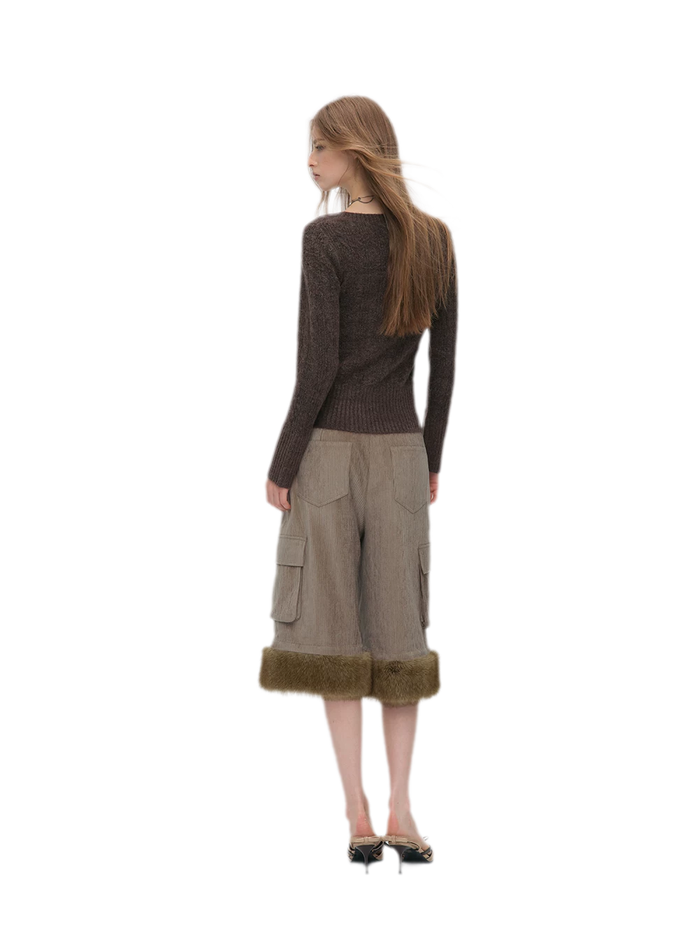 Chenille Cargo Cropped Wide-Leg Pants