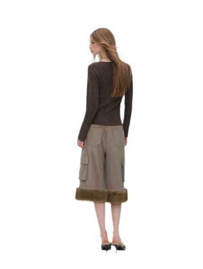 Chenille Cargo Cropped Wide-Leg Pants