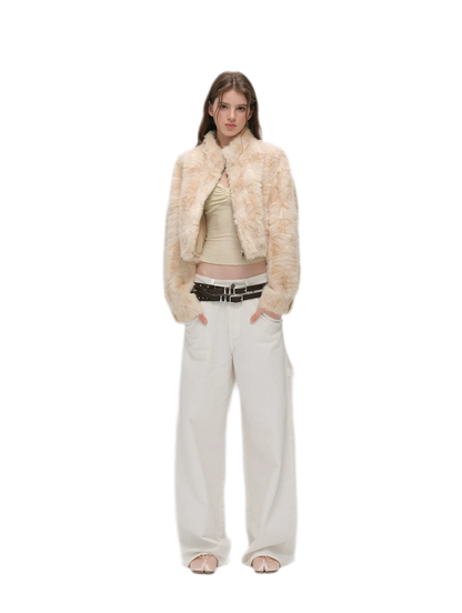 Embossed Cropped Faux Fur Jacket