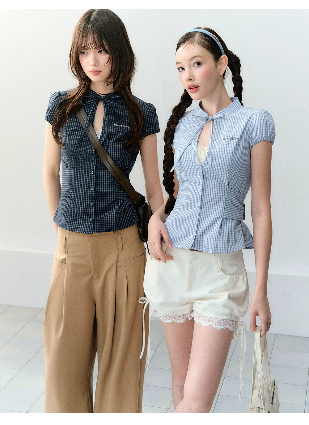 Retro Plaid Tie-Waist Hollow Waist Shirt