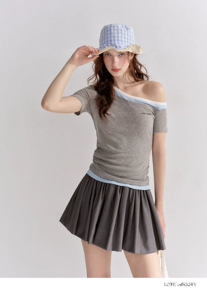 Asymmetric Off-Shoulder Colorblock Slim T-Shirt