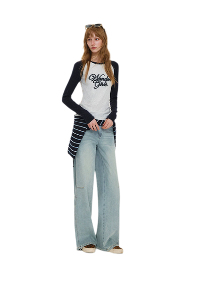 Washed Curved Wide-Leg Jeans