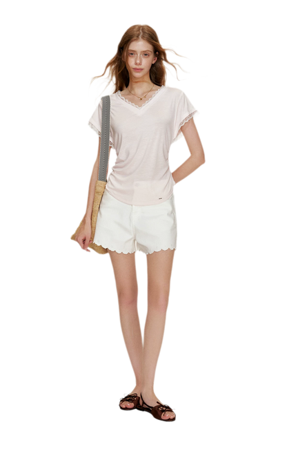 Tencel Lace Trim Loose Short Sleeve T-Shirt