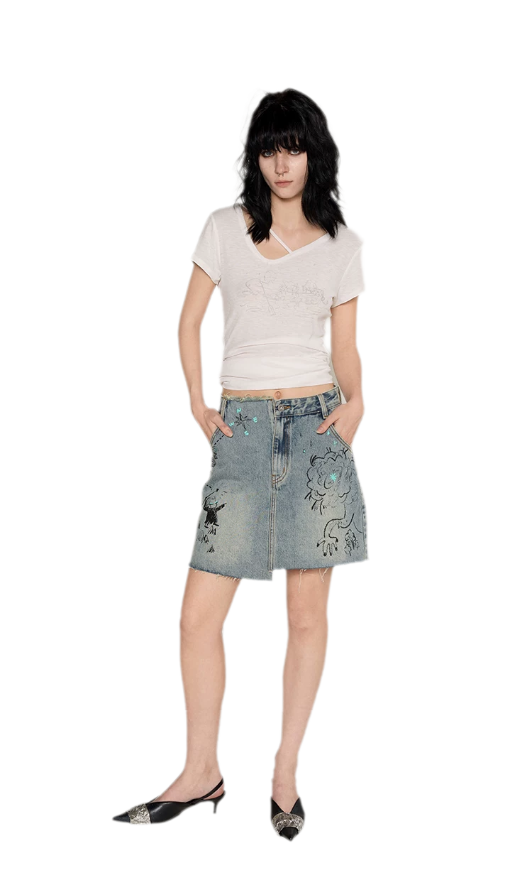 Washed Graffiti A-Line Denim Skirt