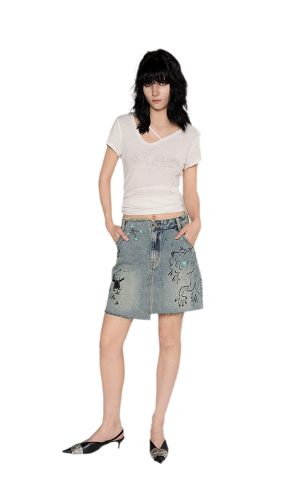 Washed Graffiti A-Line Denim Skirt