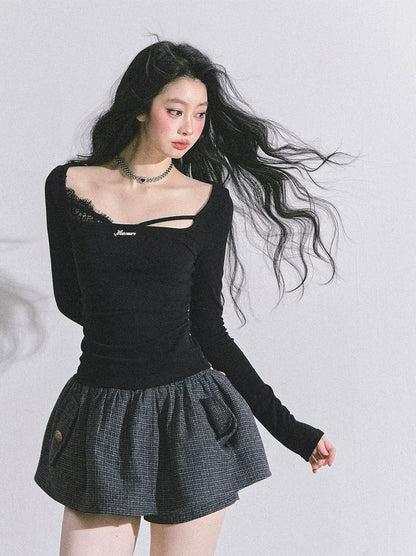 Lace Panel Fitted Long-Sleeve Top