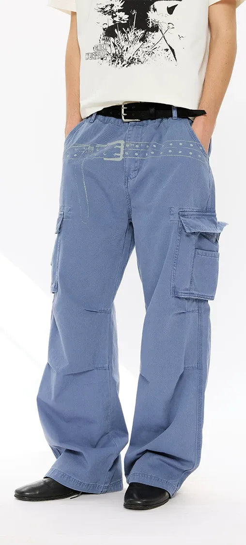 Washed Distressed Wide-Leg Cargo Pants