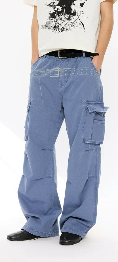 Washed Distressed Wide-Leg Cargo Pants