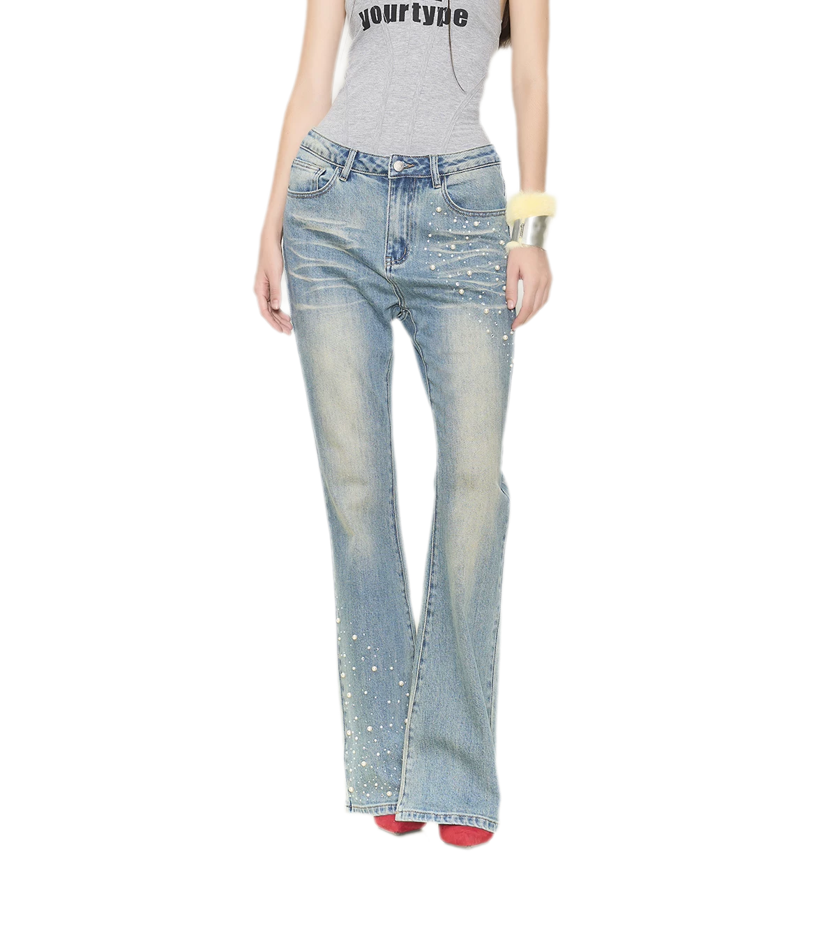 Pearl Embellished Straight Jeans