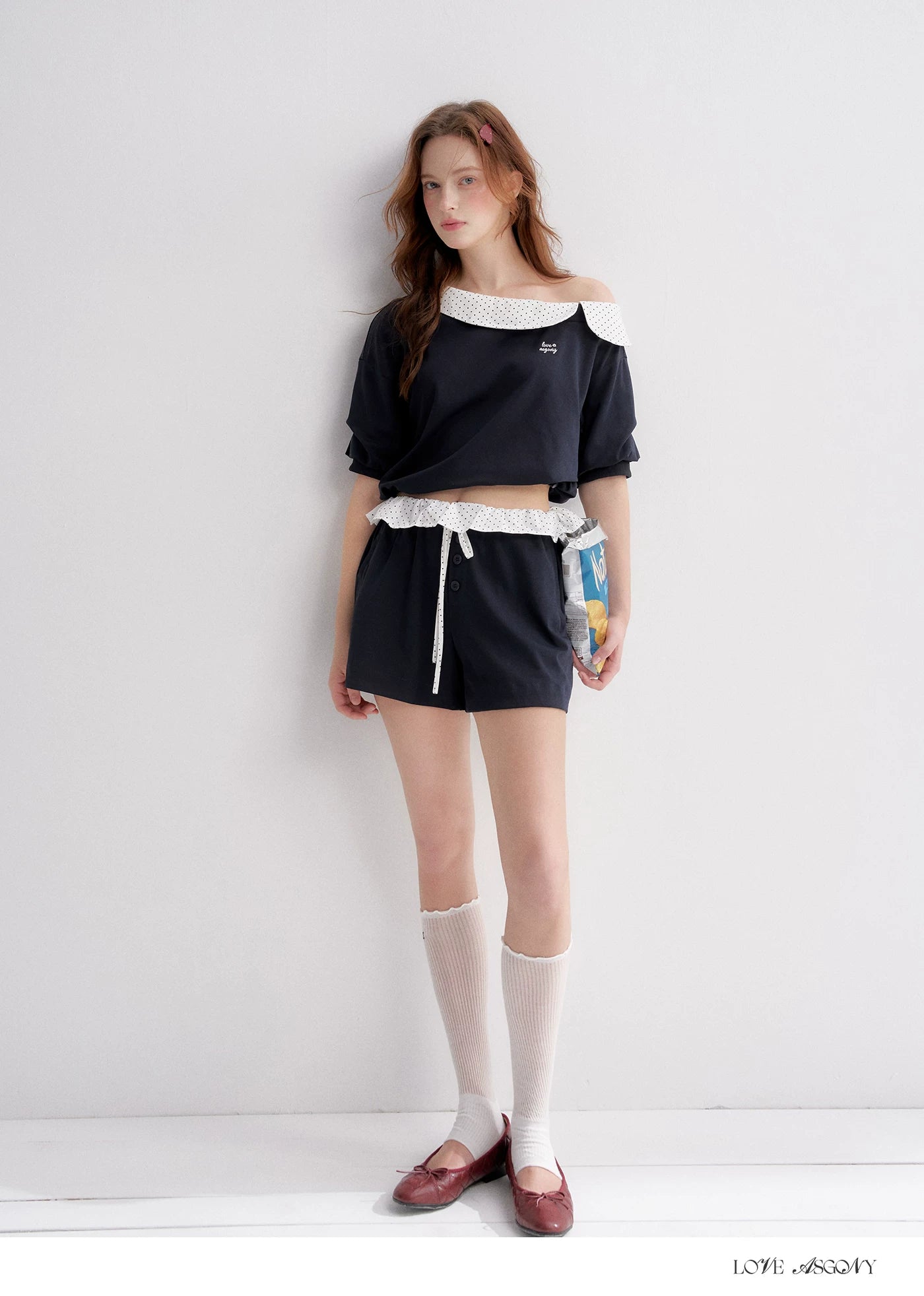 Vintage Polka Dot Asymmetric Short Sleeve Sweatshirt