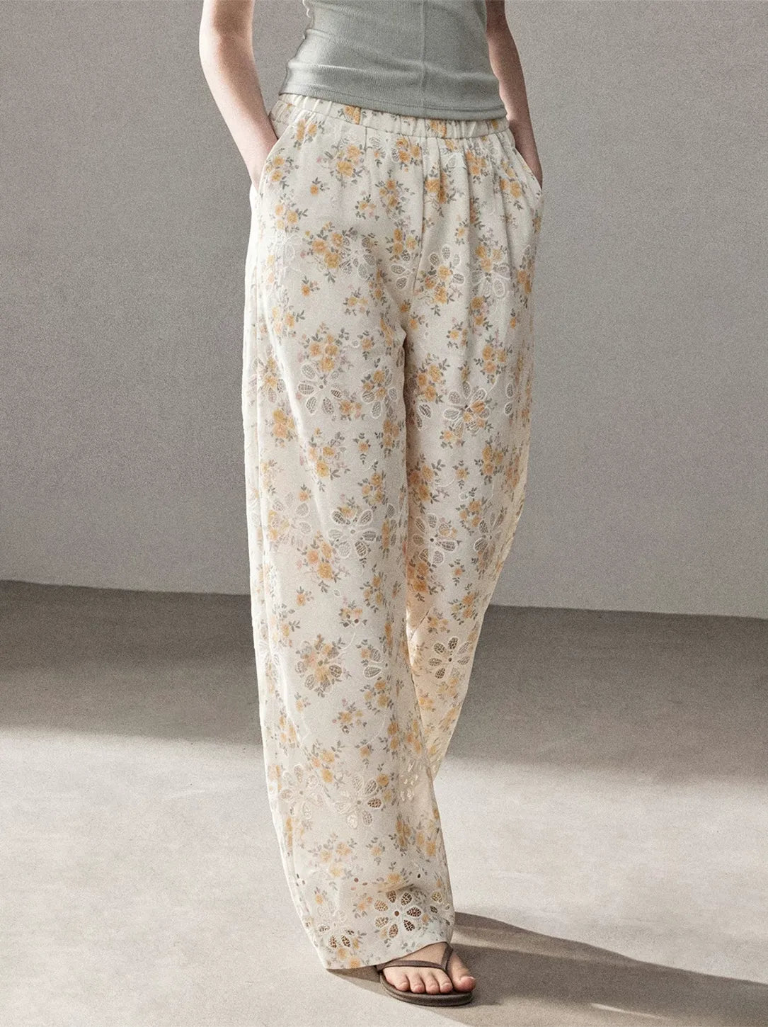 Laser-Cut Floral Wide-Leg Pants