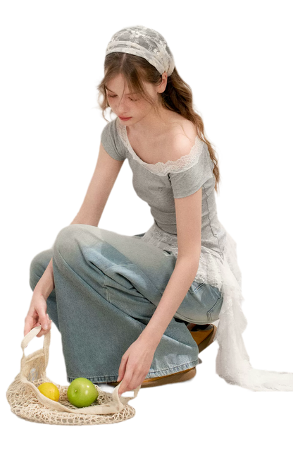 Asymmetric Lace Off-Shoulder T-Shirt