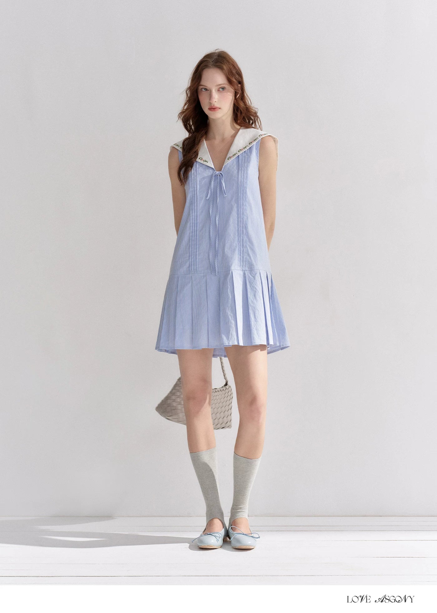 Embroidered Blue Striped Sailor Collar Pleated Dress