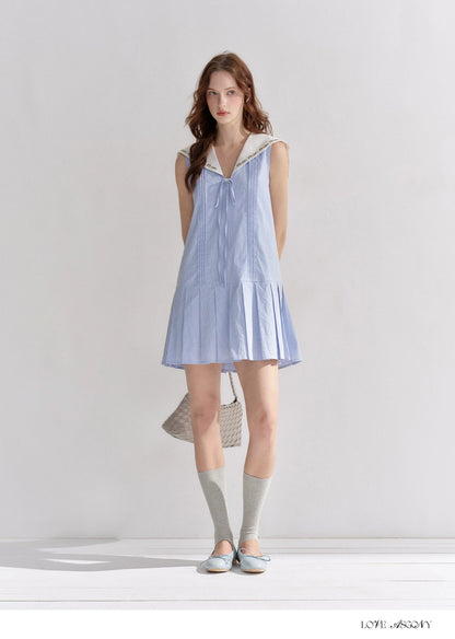 Embroidered Blue Striped Sailor Collar Pleated Dress