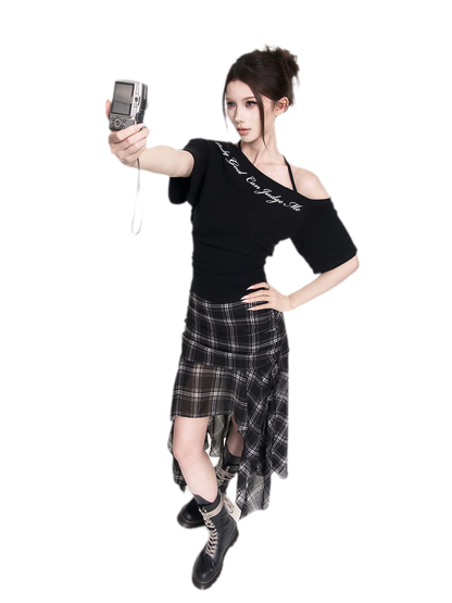 Plaid Asymmetric Midi Skirt