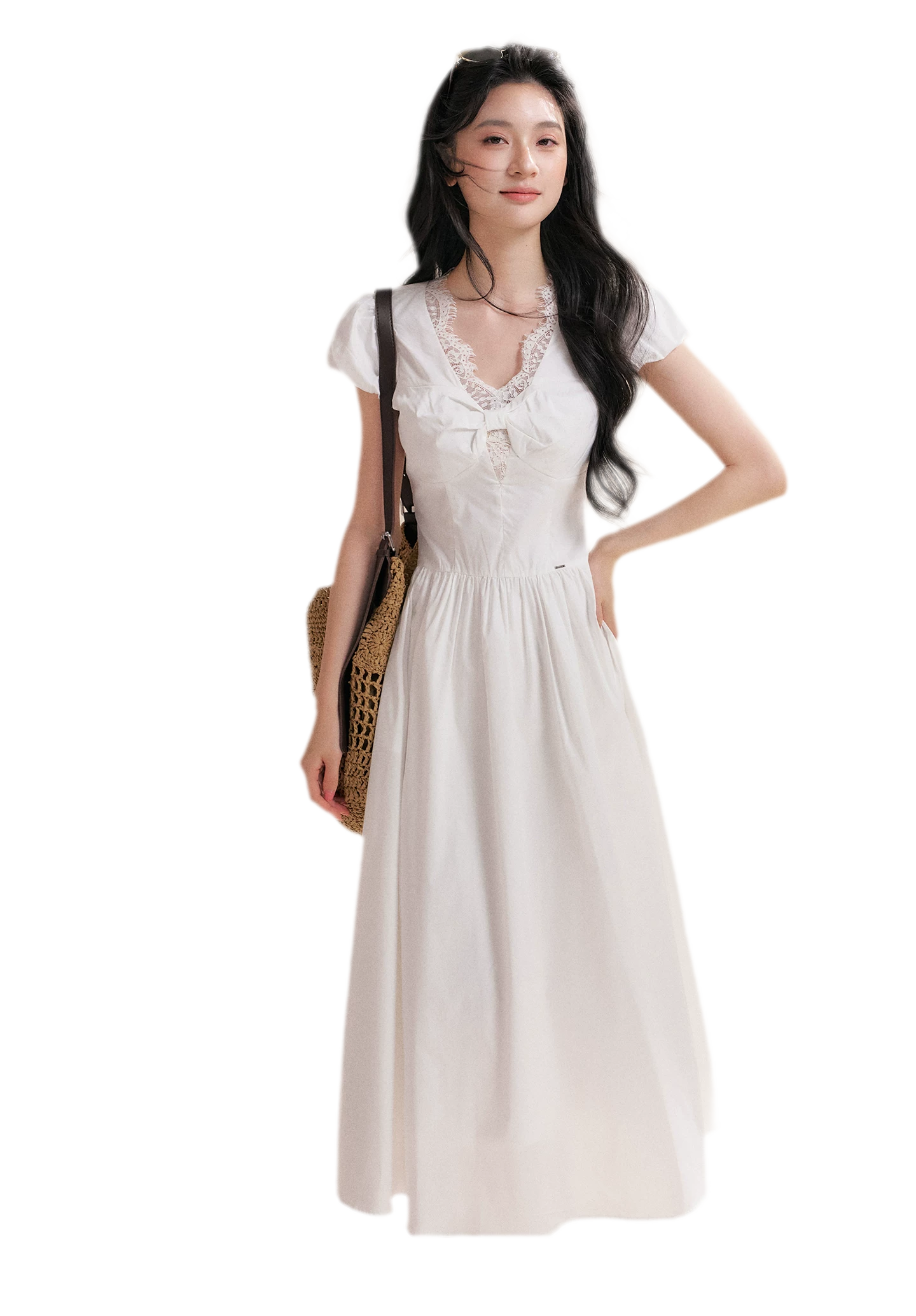 Knot Design French Lace Puff Sleeve A-Line Dress