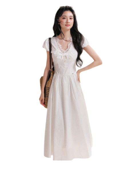 Knot Design French Lace Puff Sleeve A-Line Dress