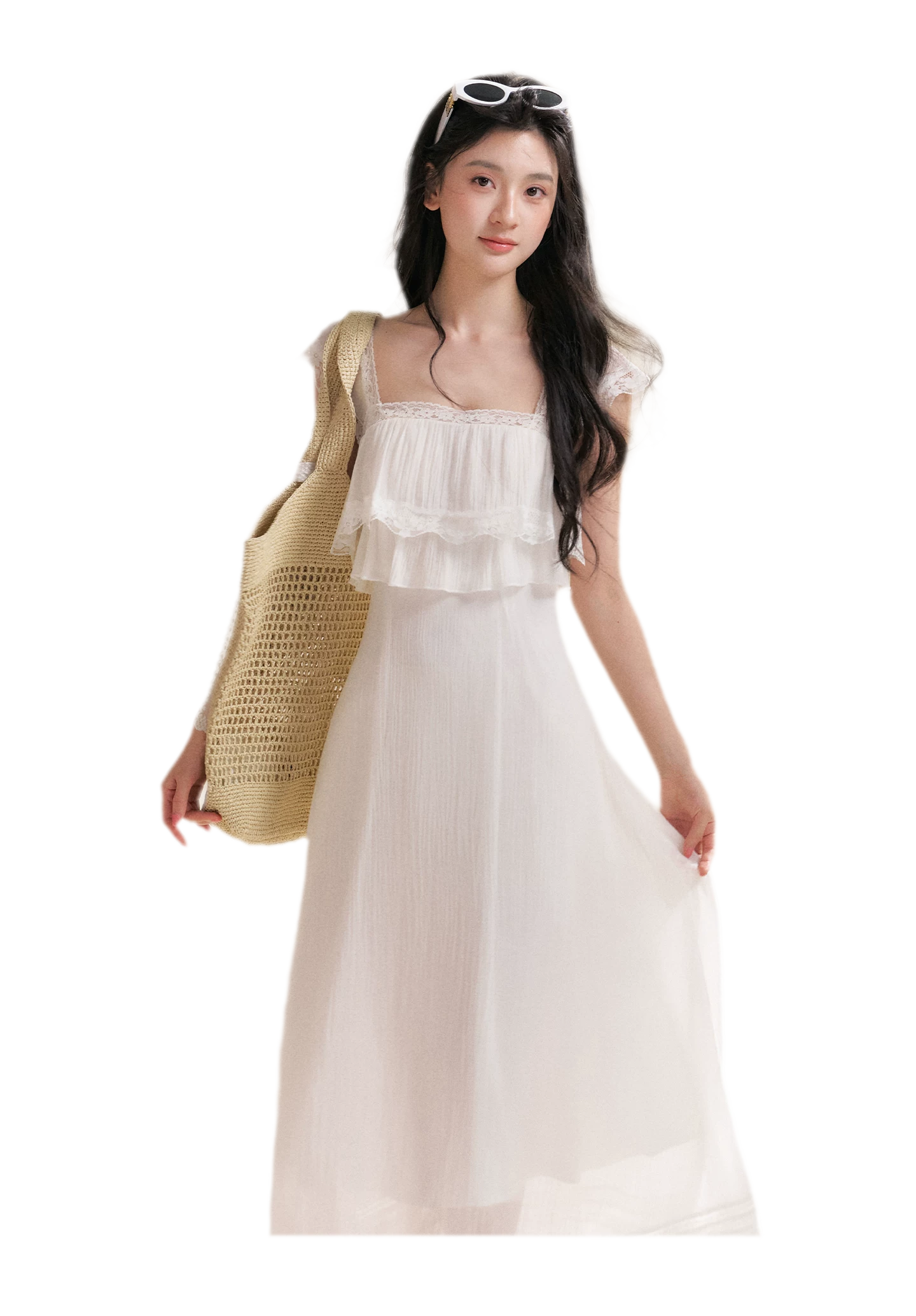 Lace Ruffle Waist Long Dress