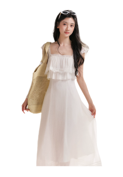 Lace Ruffle Waist Long Dress