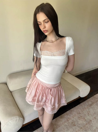 Lace Panel Square Neck T-Shirt
