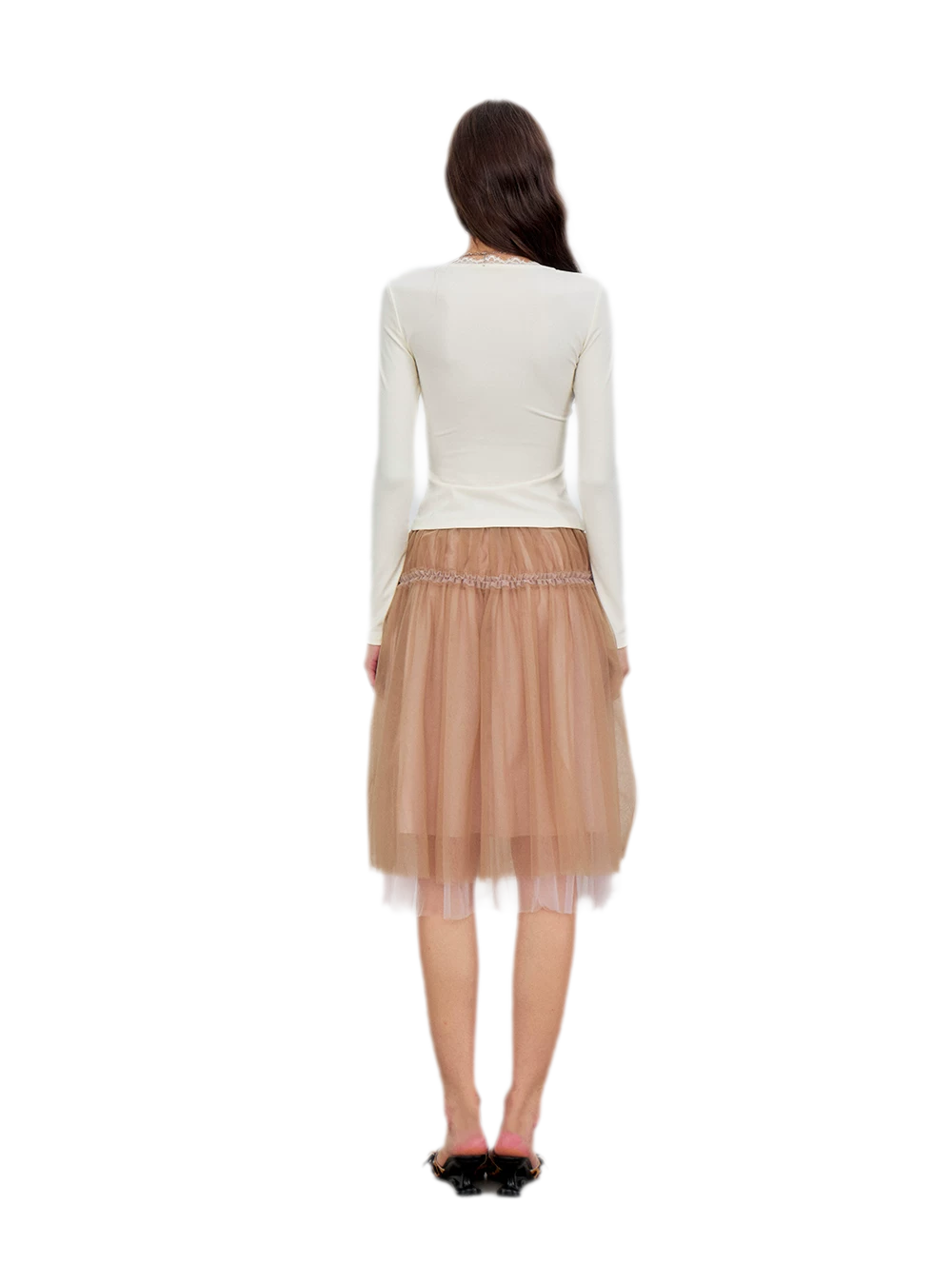 Layered Mesh Ruffle Midi Skirt
