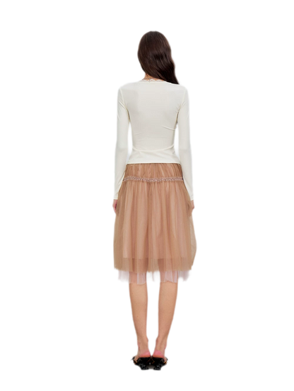 Layered Mesh Ruffle Midi Skirt