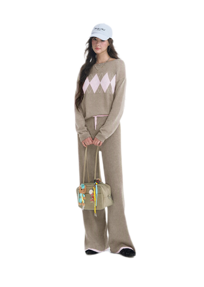 Argyle Off-Shoulder Knit Set