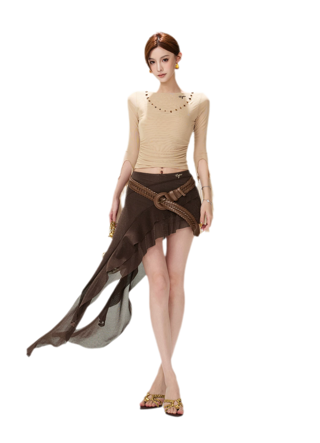 Ruched Mesh Boat-Neck Top
