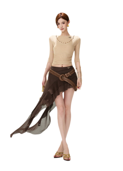 Ruched Mesh Boat-Neck Top