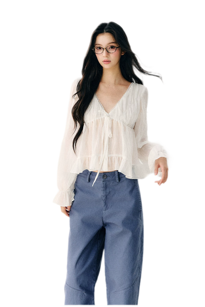 V-Neck Ruffle Chiffon Blouse