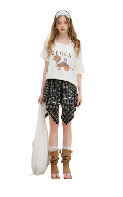 Asymmetric Lace Patchwork Plaid Skirt/Top