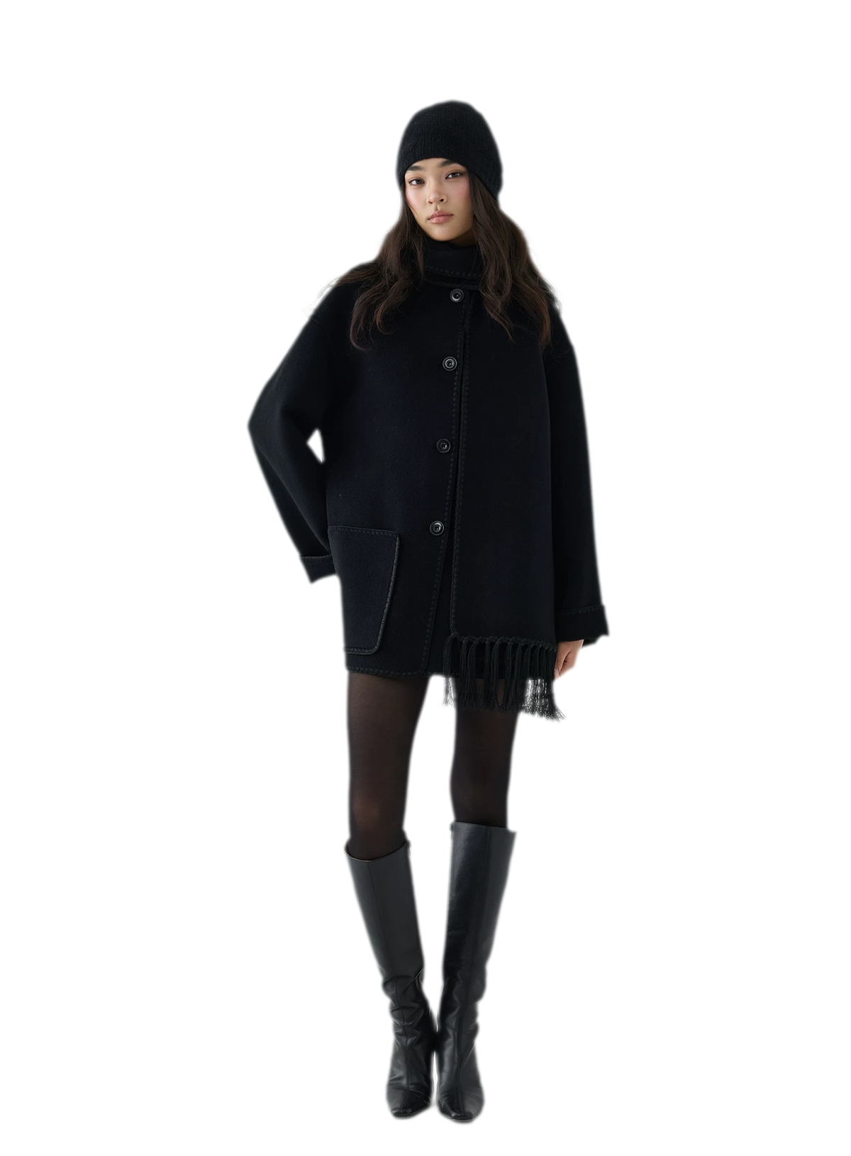 Double-Faced Wool Fringe Cape Coat