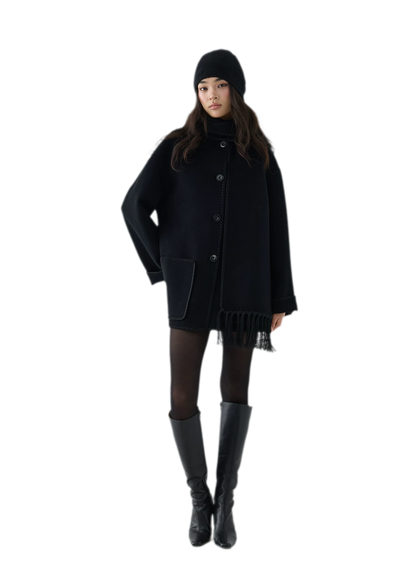 Double-Faced Wool Fringe Cape Coat