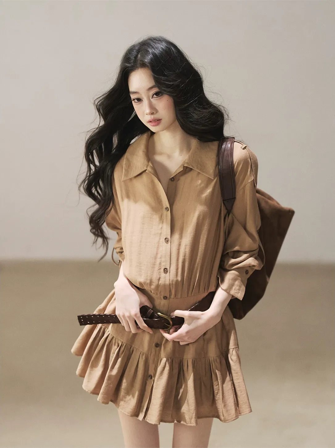 High-Waist Ruffle Shirt Dress