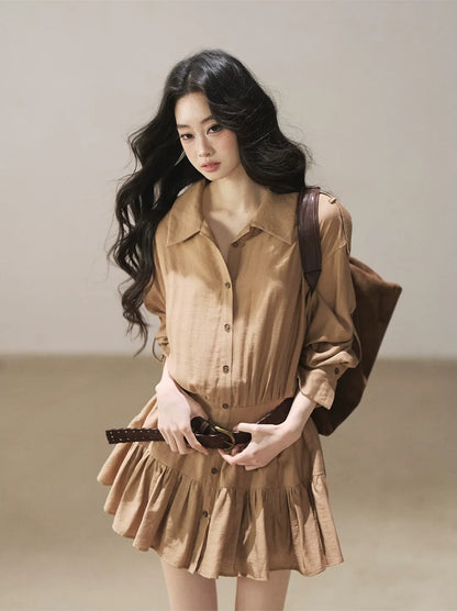 High-Waist Ruffle Shirt Dress