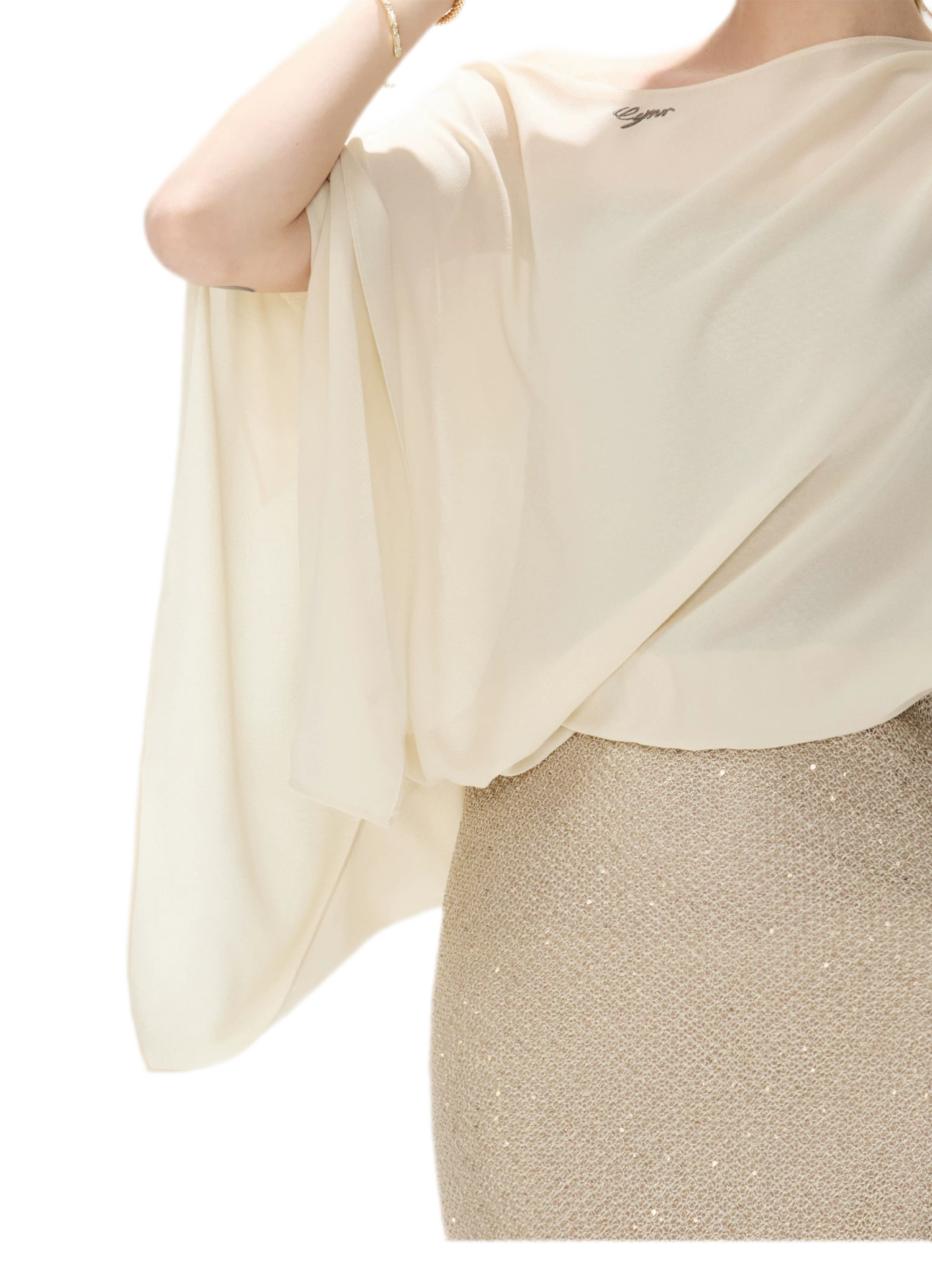 CYNR Sheer Drape Off-Shoulder Dress – view 10